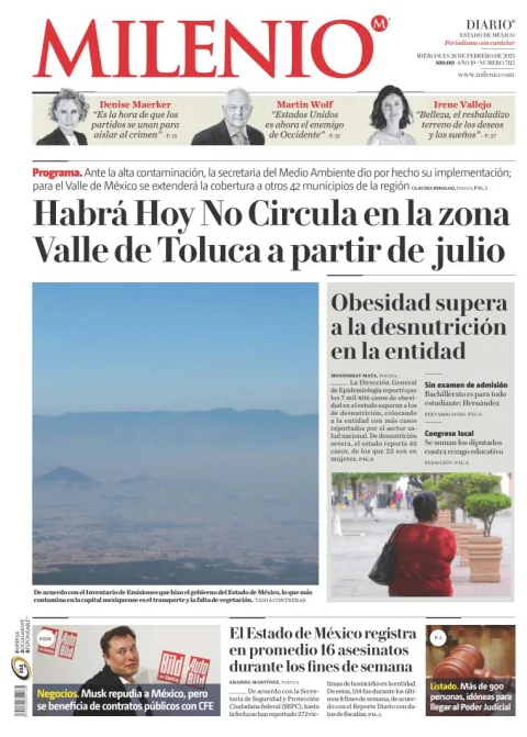 Portada de Milenio Edo de México del miércoles, 26 de febrero de 2025