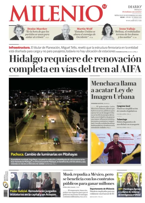Portada de Milenio Hidalgo del miércoles, 26 de febrero de 2025