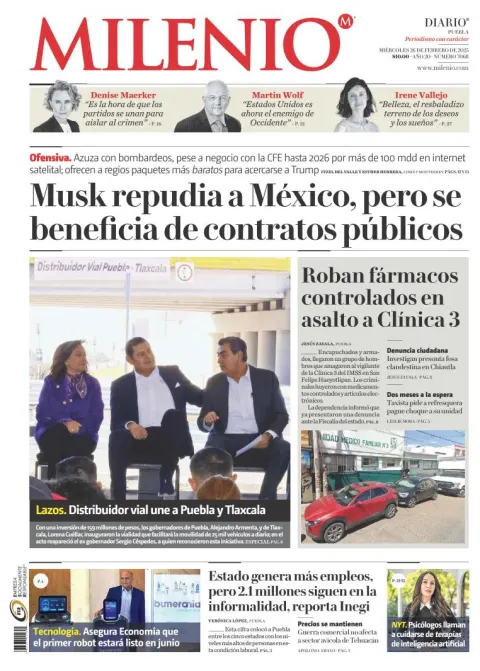 Portada de Milenio Puebla del miércoles, 26 de febrero de 2025
