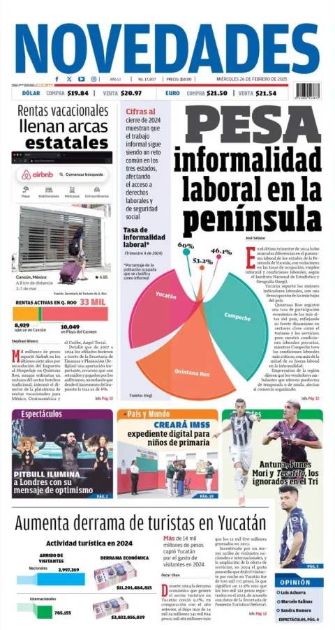 Portada de Novedades Quintana Roo del miércoles, 26 de febrero de 2025