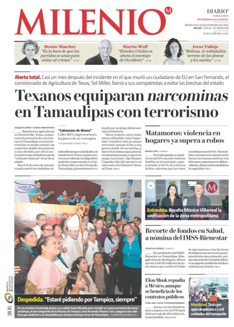 Portada de Milenio Tamaulipas del miércoles, 26 de febrero de 2025