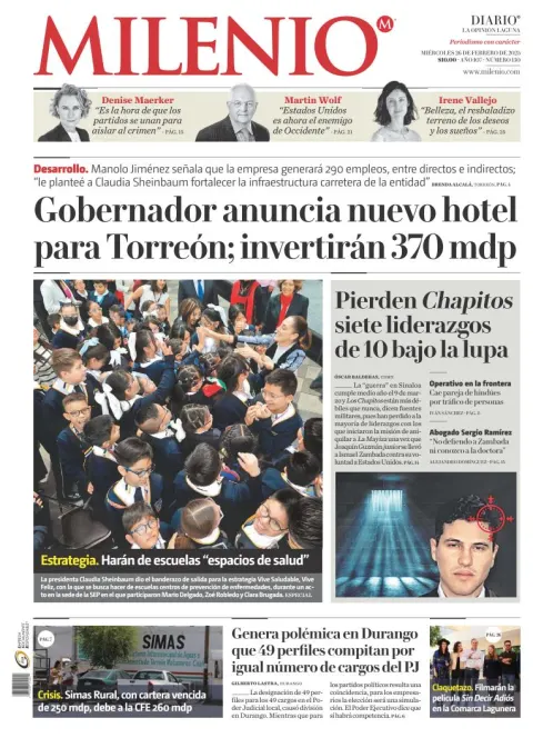 Portada de Milenio Laguna del miércoles, 26 de febrero de 2025