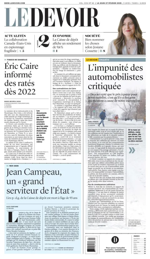 Portada de Le Devoir del jueves, 27 de febrero de 2025