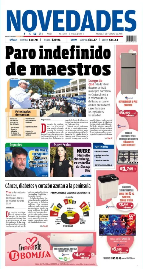 Portada de Novedades Quintana Roo del jueves, 27 de febrero de 2025