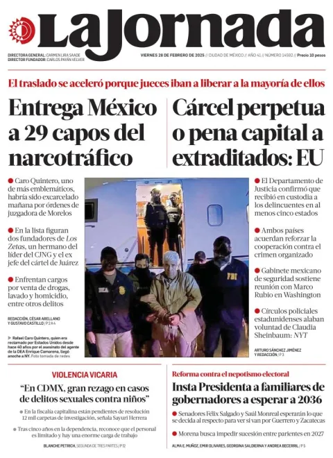 Portada de La Jornada del viernes, 28 de febrero de 2025