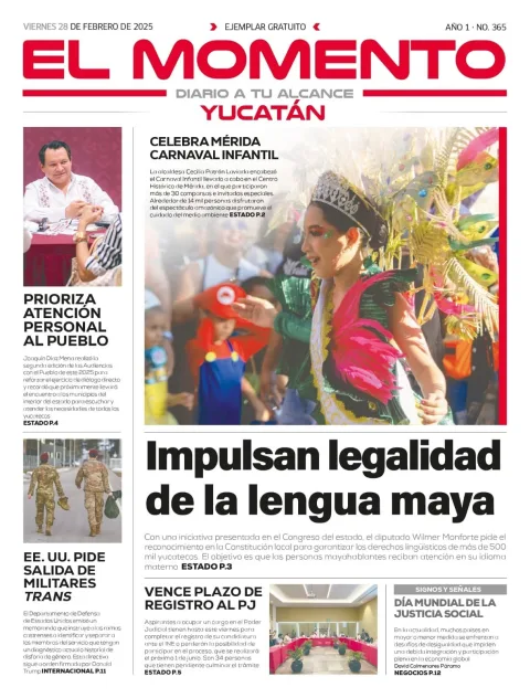 Portada de El Momento Yucatan del viernes, 28 de febrero de 2025