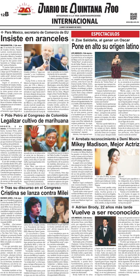 Portada de Diario de Quintana Roo (contra Portada)