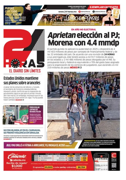 Portada de 24 Horas del lunes, 3 de marzo de 2025