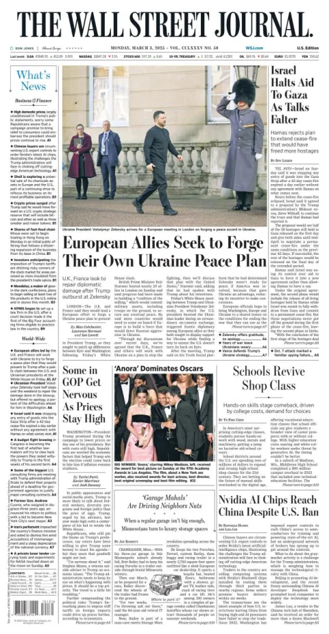 Portada de The Wall Street Journal del lunes, 3 de marzo de 2025