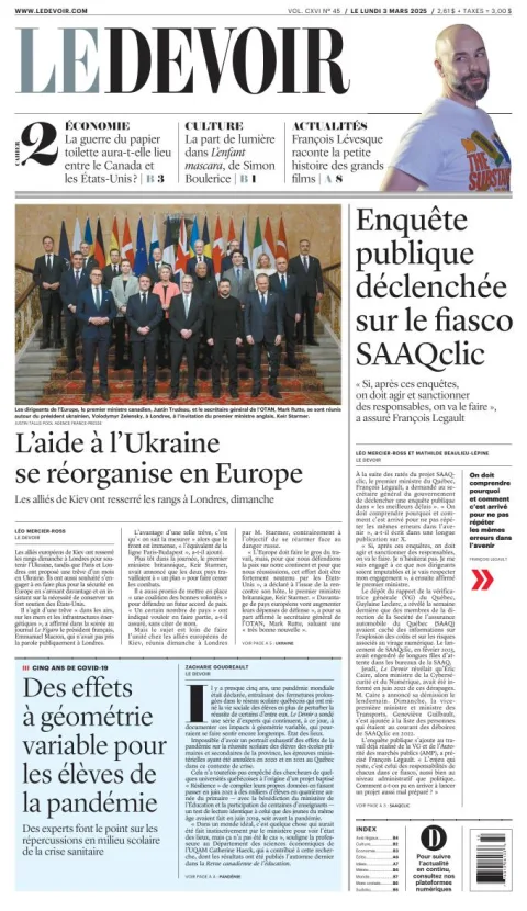 Portada de Le Devoir del lunes, 3 de marzo de 2025