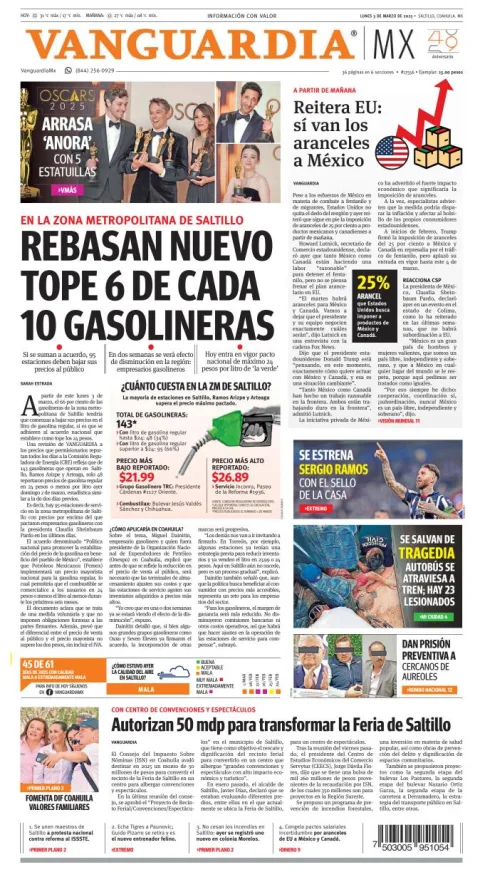 Portada de Vanguardia del lunes, 3 de marzo de 2025
