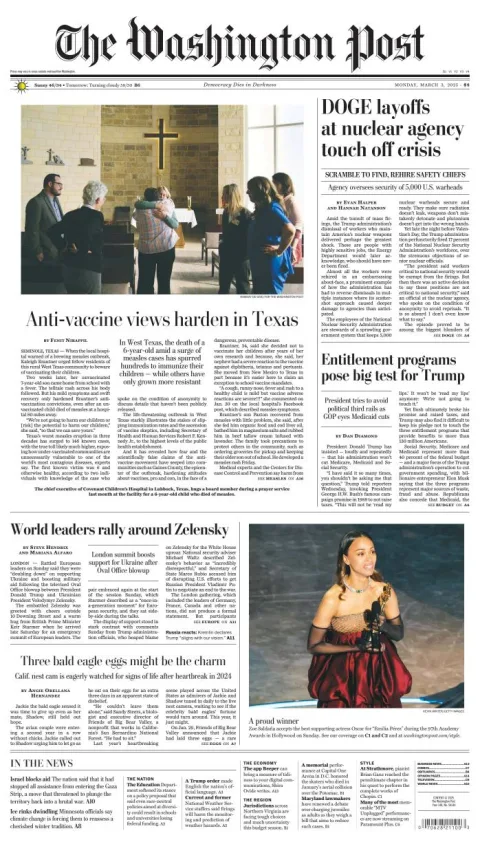 Portada de The Washington Post del lunes, 3 de marzo de 2025