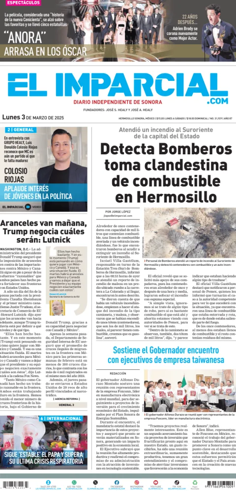 Portada de El Imparcial del lunes, 3 de marzo de 2025