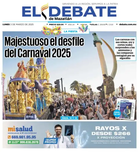 Portada de El Debate de Mazatlan del lunes, 3 de marzo de 2025