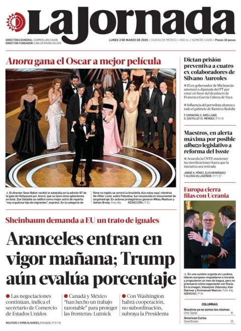 Portada de La Jornada del lunes, 3 de marzo de 2025