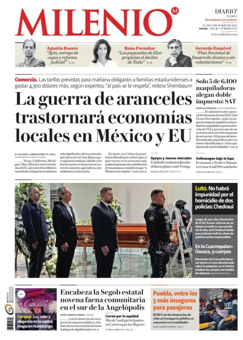 Portada de Milenio Puebla del lunes, 3 de marzo de 2025