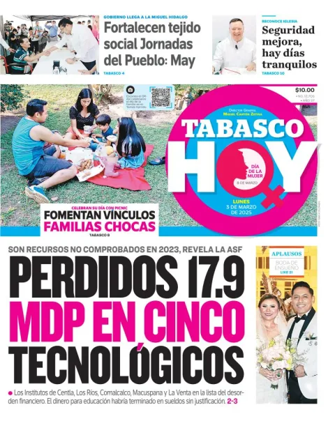 Portada de Tabasco Hoy del lunes, 3 de marzo de 2025
