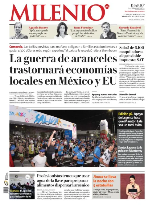 Portada de Milenio Laguna del lunes, 3 de marzo de 2025