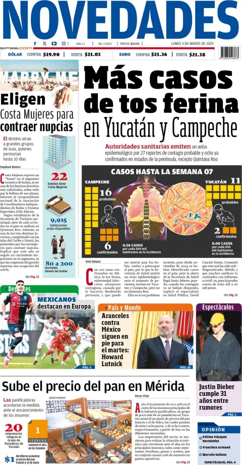 Portada de Novedades Quintana Roo del lunes, 3 de marzo de 2025