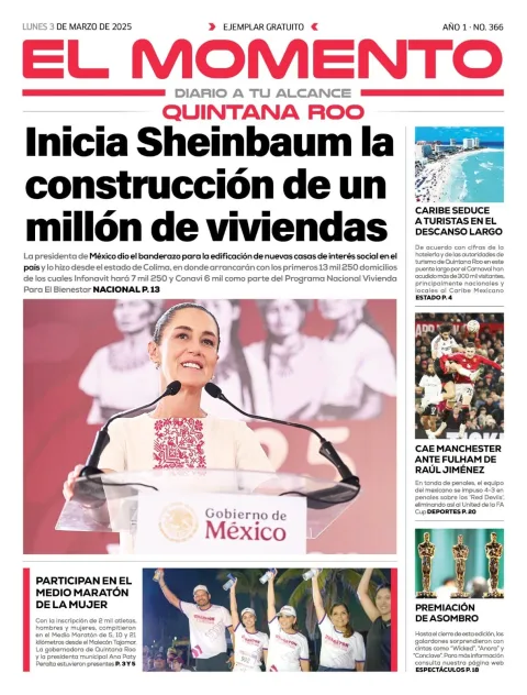 Portada de El Momento Quintana Roo del lunes, 3 de marzo de 2025