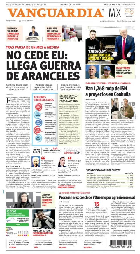 Portada de Vanguardia del martes, 4 de marzo de 2025