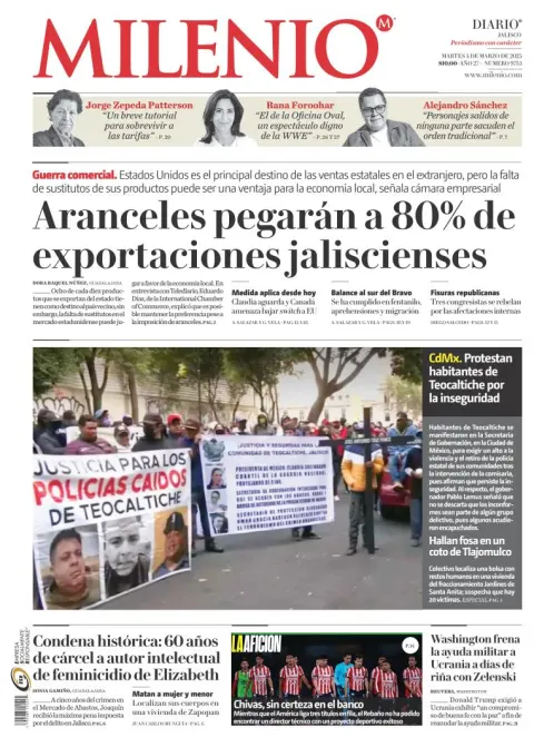 Portada de Milenio Jalisco del martes, 4 de marzo de 2025