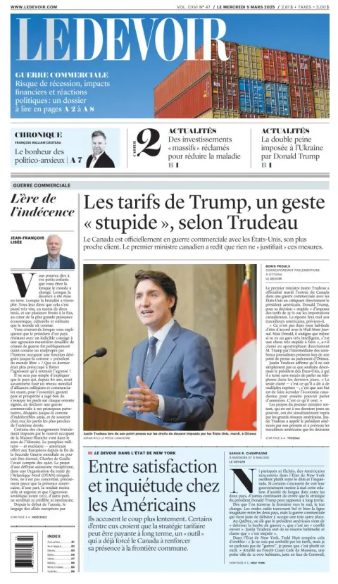 Portada de Le Devoir del miércoles, 5 de marzo de 2025
