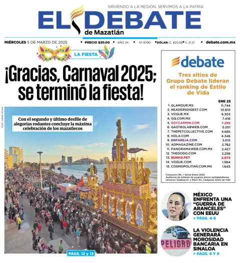 Portada de El Debate de Mazatlan del miércoles, 5 de marzo de 2025