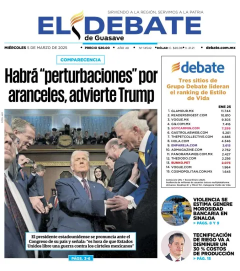 Portada de El Debate de Guasave del miércoles, 5 de marzo de 2025