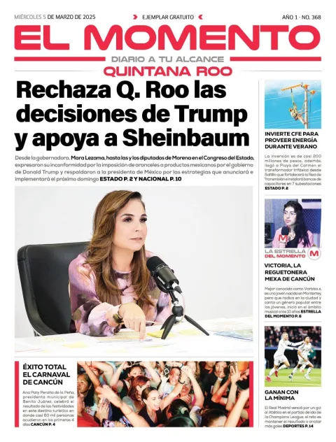 Portada de El Momento Quintana Roo del miércoles, 5 de marzo de 2025