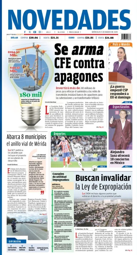 Portada de Novedades Quintana Roo del miércoles, 5 de marzo de 2025