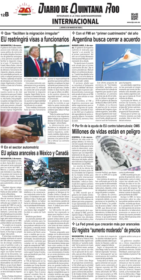 Portada de Diario de Quintana Roo (contra Portada) del jueves, 6 de marzo de 2025