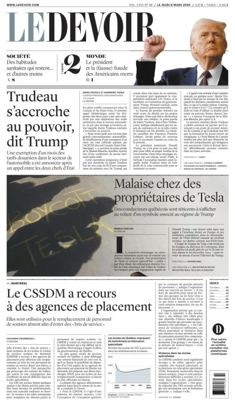 Portada de Le Devoir del jueves, 6 de marzo de 2025