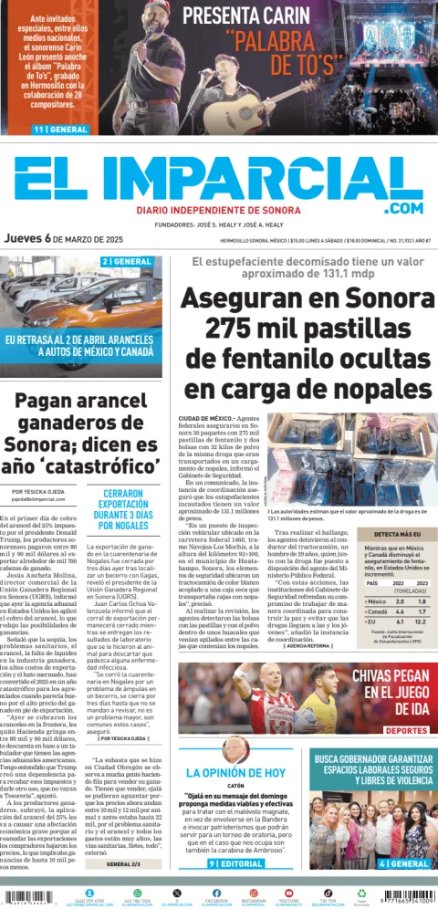 Portada de El Imparcial del jueves, 6 de marzo de 2025