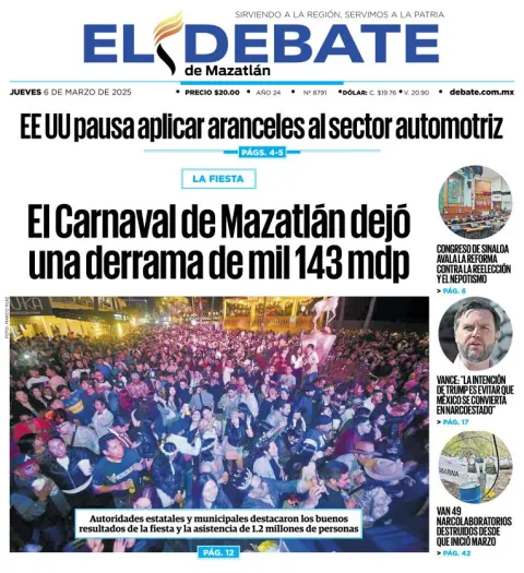 Portada de El Debate de Mazatlan del jueves, 6 de marzo de 2025