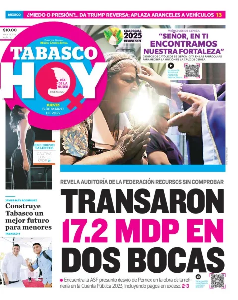 Portada de Tabasco Hoy del jueves, 6 de marzo de 2025