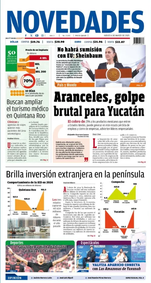 Portada de Novedades Quintana Roo del jueves, 6 de marzo de 2025
