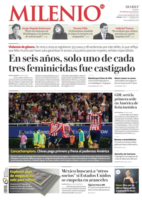 Portada de Milenio Jalisco del jueves, 6 de marzo de 2025