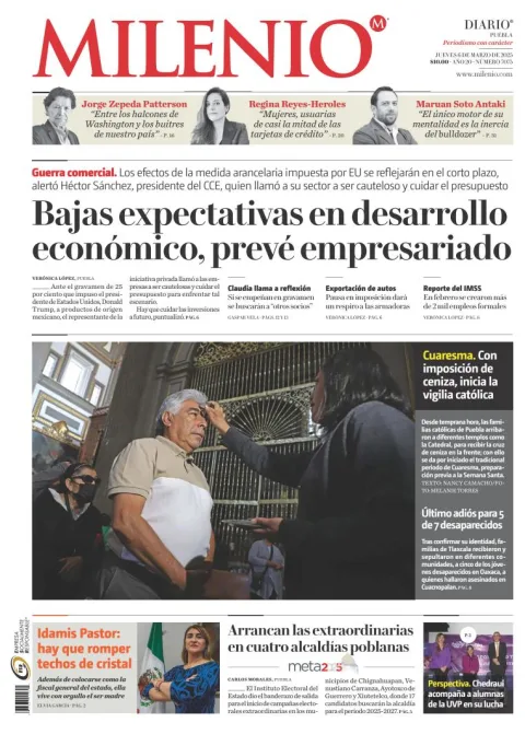 Portada de Milenio Puebla del jueves, 6 de marzo de 2025