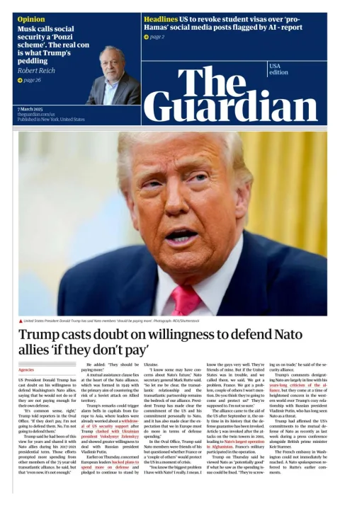 Portada de The Guardian (usa) del viernes, 7 de marzo de 2025