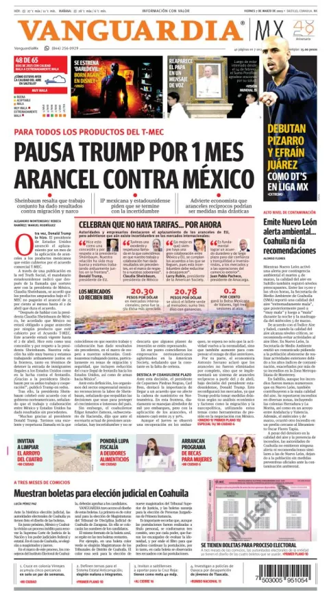 Portada de Vanguardia del viernes, 7 de marzo de 2025