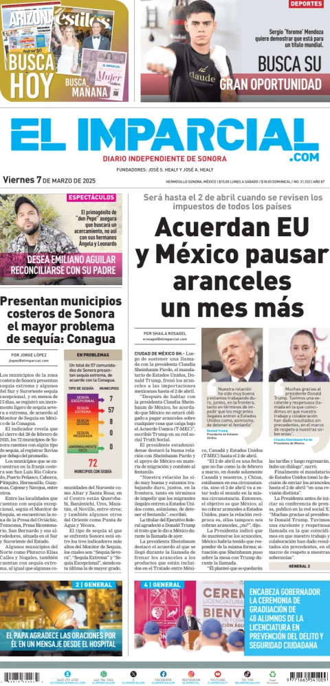 Portada de El Imparcial del viernes, 7 de marzo de 2025