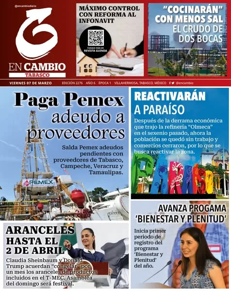 Portada de En Cambio - Tabasco (portada) del viernes, 7 de marzo de 2025