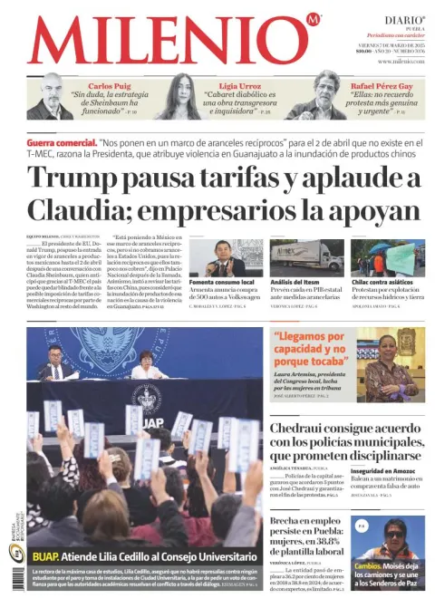 Portada de Milenio Puebla del viernes, 7 de marzo de 2025