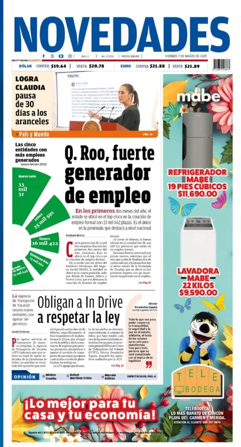 Portada de Novedades Quintana Roo del viernes, 7 de marzo de 2025