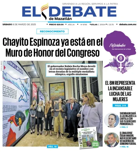 Portada de El Debate de Mazatlan del sábado, 8 de marzo de 2025