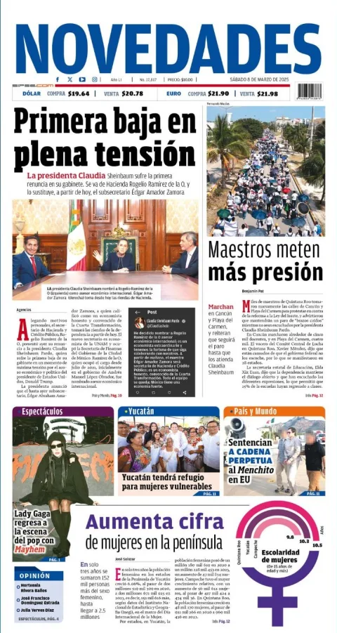 Portada de Novedades Quintana Roo del sábado, 8 de marzo de 2025