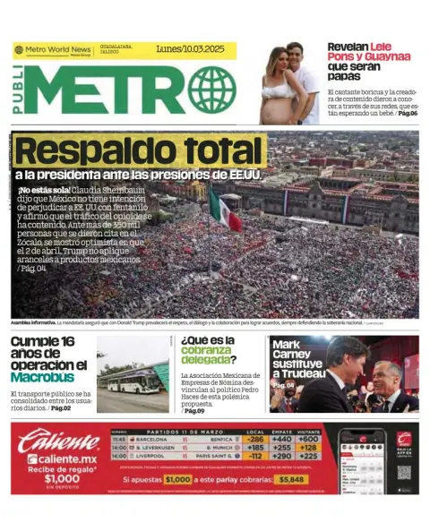 Portada de Publimetro Guadalajara del lunes, 10 de marzo de 2025
