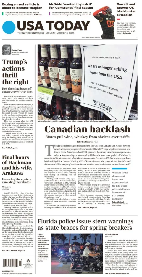 Portada de Usa Today del lunes, 10 de marzo de 2025