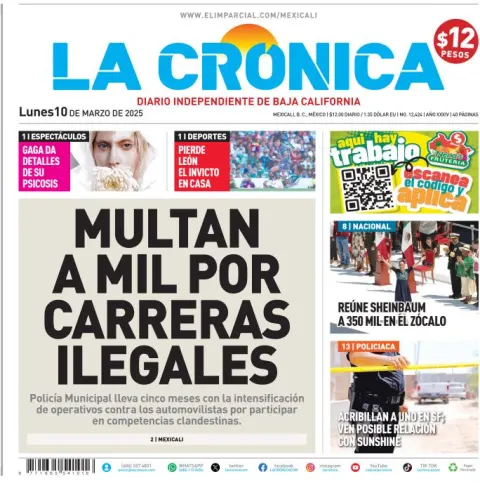 Portada de La Cronica del lunes, 10 de marzo de 2025